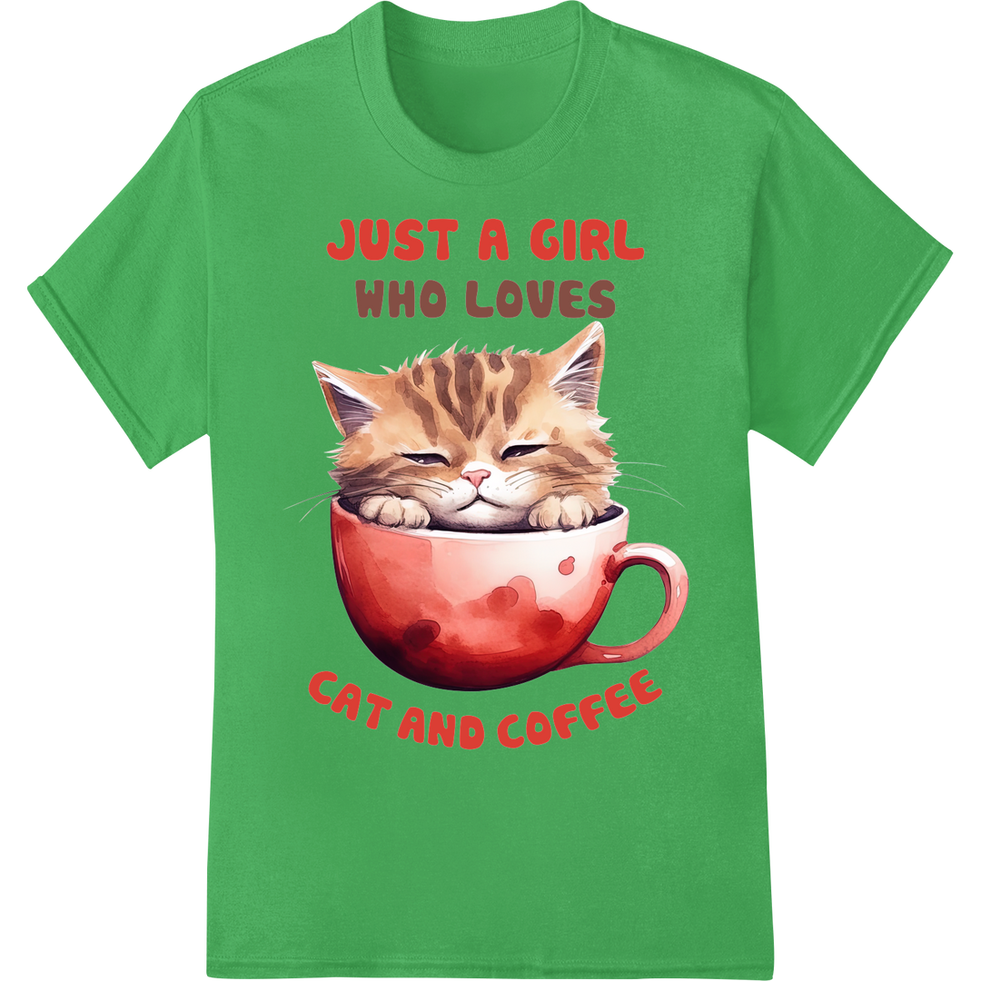 Adorable Cat & Coffee Lover DTF Print Heat Transfer on green shirt - SUPERDTF-DTF Prints-DTF Transfers-Custom DTF Prints