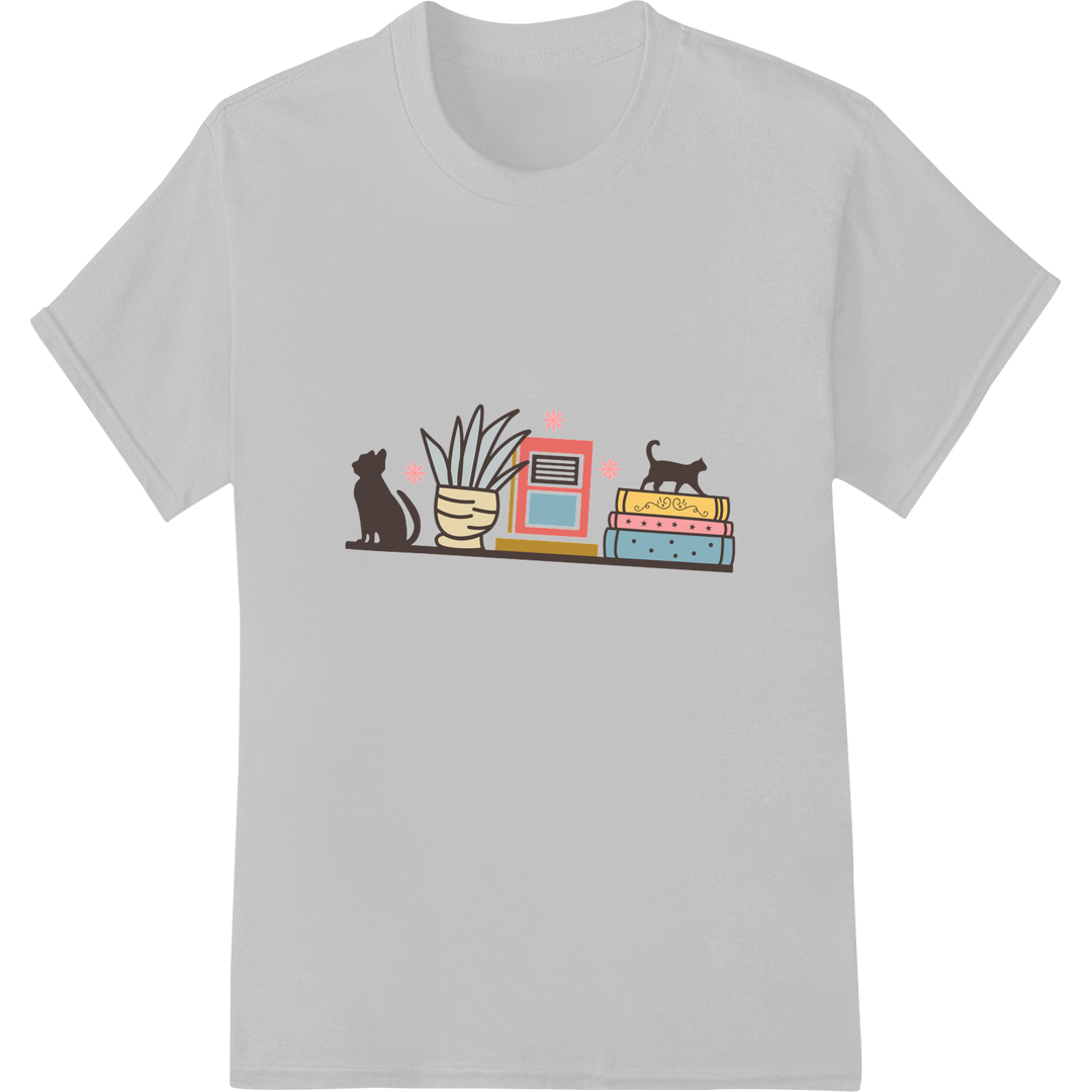 Adorable Cat & Books DTF Print Heat Transfer | Bookworm on white shirt - SUPERDTF-DTF Prints-DTF Transfers-Custom DTF Prints