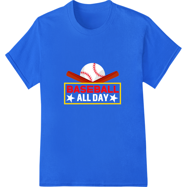 Bold Baseball DTF Print for Custom Sports Apparel & Gear on blue shirt - SUPERDTF-DTF Prints-DTF Transfers-Custom DTF Prints