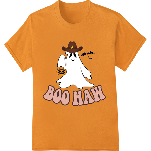 A cartoon ghost wearing a cowboy hat, bandana, and boots with a spooky Halloween town in the background.