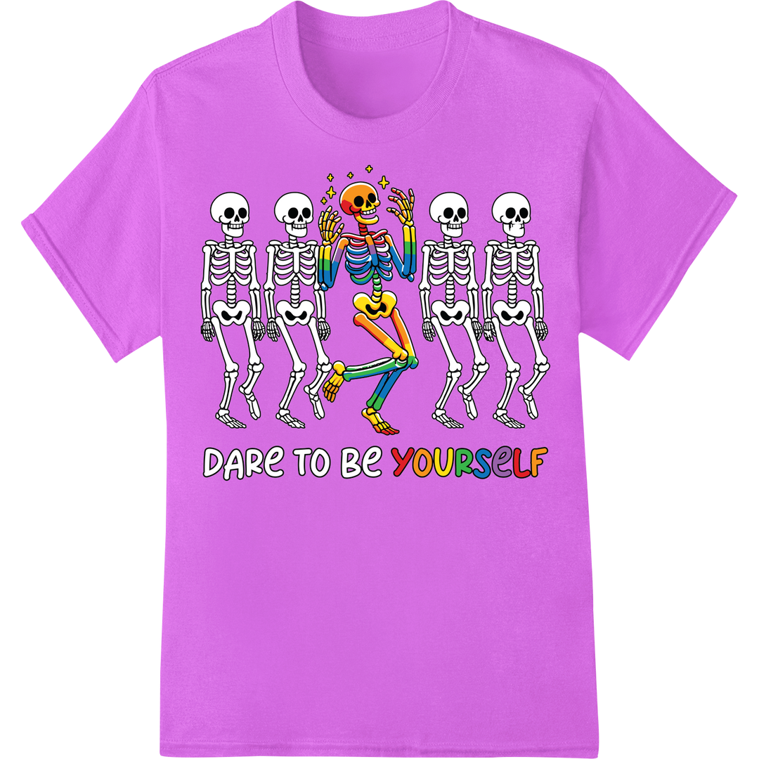 Dare to Be Yourself: Vibrant Pride Skeletons DTF Print on purple shirt - SUPERDTF-DTF Prints-DTF Transfers-Custom DTF Prints