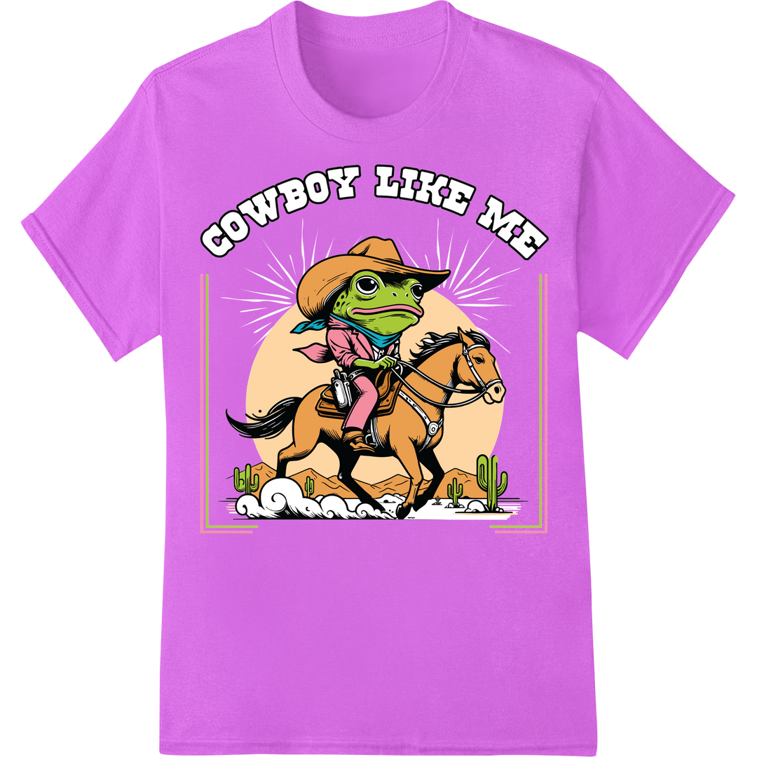 Saddle Up with 'Cowboy Like Me' Frog DTF Print Heat Transfer on purple shirt - SUPERDTF-DTF Prints-DTF Transfers-Custom DTF Prints