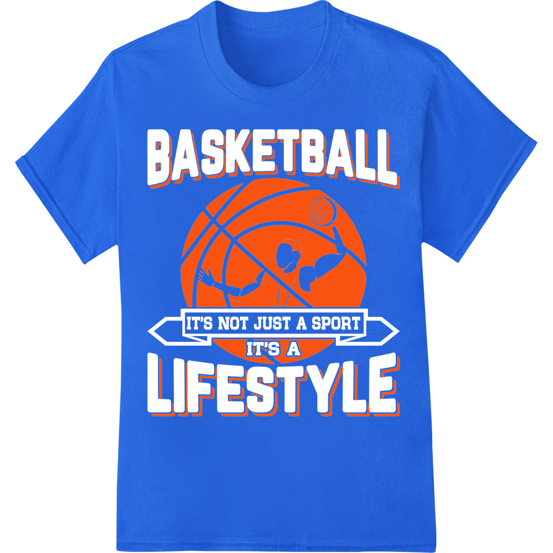 Bold Basketball Lifestyle DTF Print | Elevate Your Game on blue shirt - SUPERDTF-DTF Prints-DTF Transfers-Custom DTF Prints