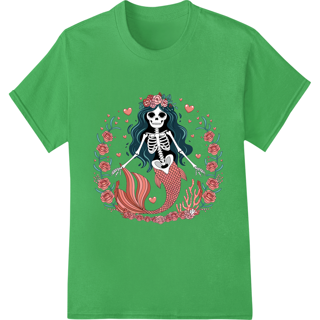 Hauntingly Beautiful Skeleton Mermaid Valentine DTF Print on green shirt - SUPERDTF-DTF Prints-DTF Transfers-Custom DTF Prints