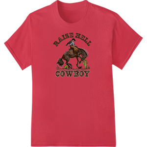 Durable custom apparel applied to Raise Hell Cowboy - Bold Western Horse & Rider DTF Print