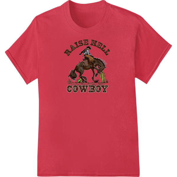 Western style illustration of cowboy riding bucking horse, with bold 'Raise Hell' text in distressed font