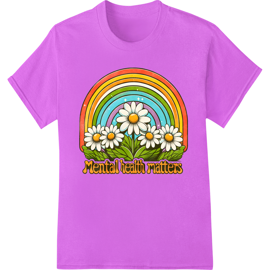 Vibrant 'Mental Health Matters' Floral Rainbow DTF Print on purple shirt - SUPERDTF-DTF Prints-DTF Transfers-Custom DTF Prints