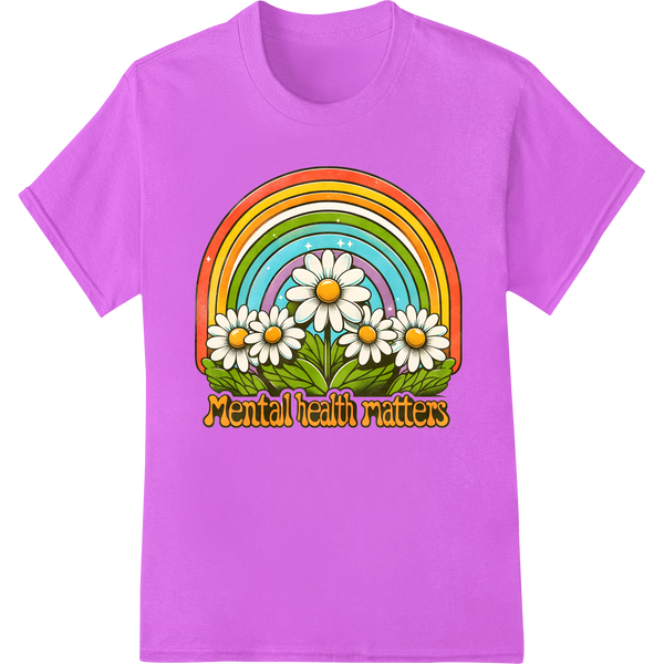 Vibrant 'Mental Health Matters' Floral Rainbow DTF Print on purple shirt - SUPERDTF-DTF Prints-DTF Transfers-Custom DTF Prints