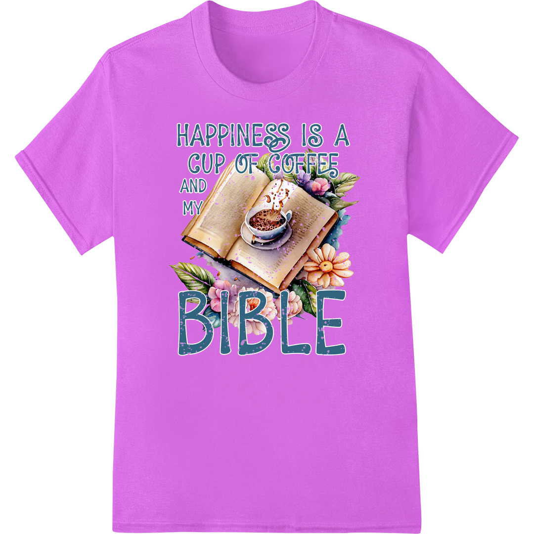 Happiness: Coffee, Bible & Blooms | Christian DTF Print on purple shirt - SUPERDTF-DTF Prints-DTF Transfers-Custom DTF Prints