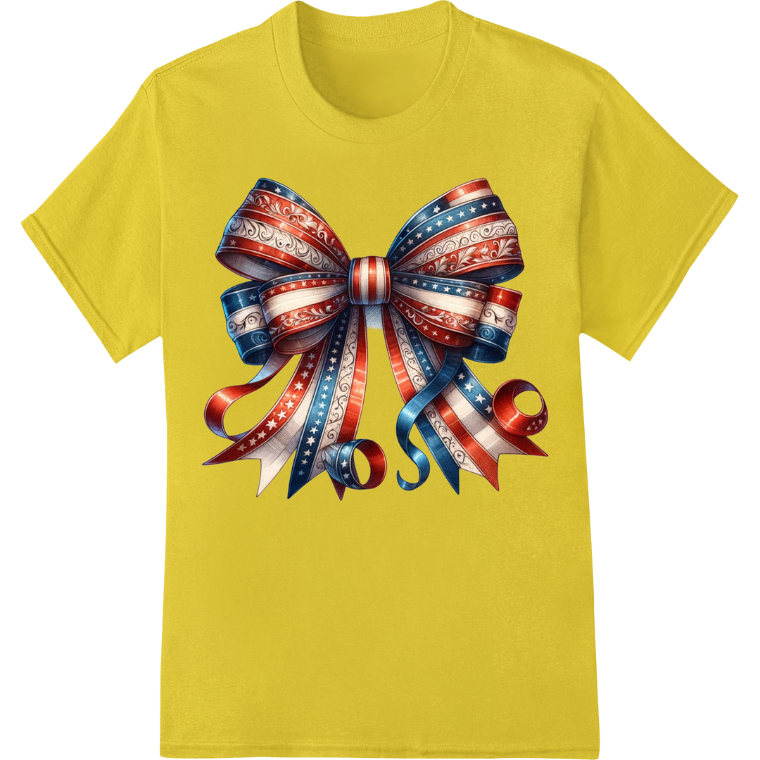 Patriotic 4th of July Ribbon Bow DTF Transfer Print on yellow shirt - SUPERDTF-DTF Prints-DTF Transfers-Custom DTF Prints