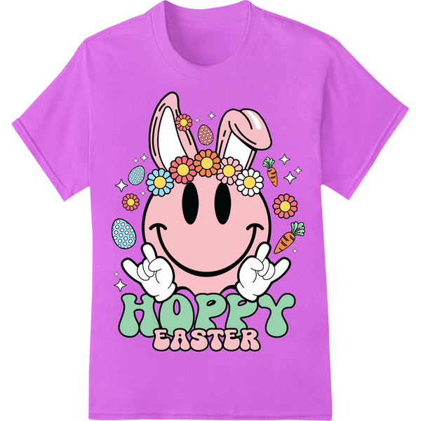 Retro 'Hoppy Easter' Bunny Design | Vintage Spring DTF Print on purple shirt - SUPERDTF-DTF Prints-DTF Transfers-Custom DTF Prints