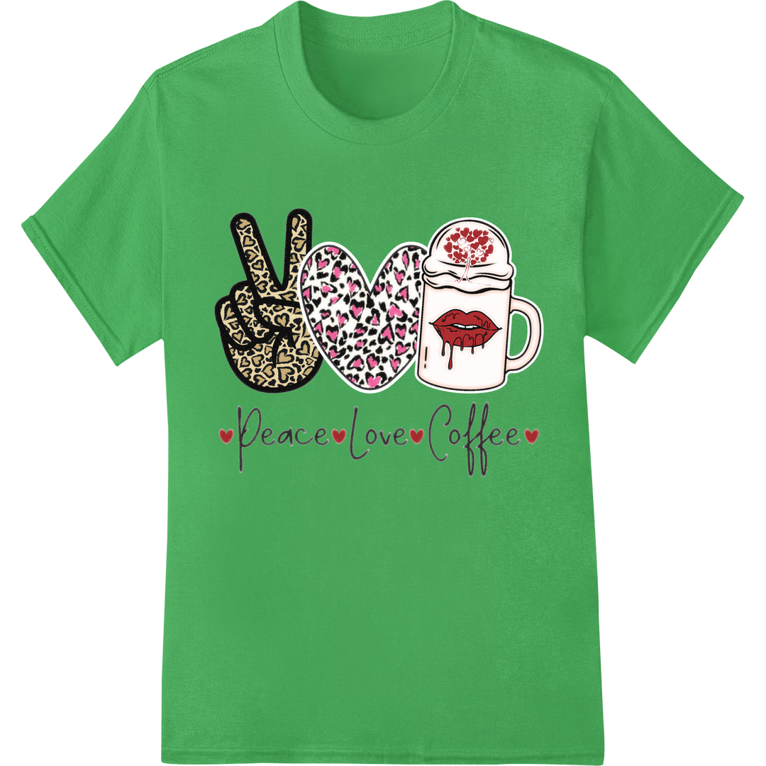 Quirky 'Peace Love Coffee' DTF Print for Valentine's Day on green shirt - SUPERDTF-DTF Prints-DTF Transfers-Custom DTF Prints