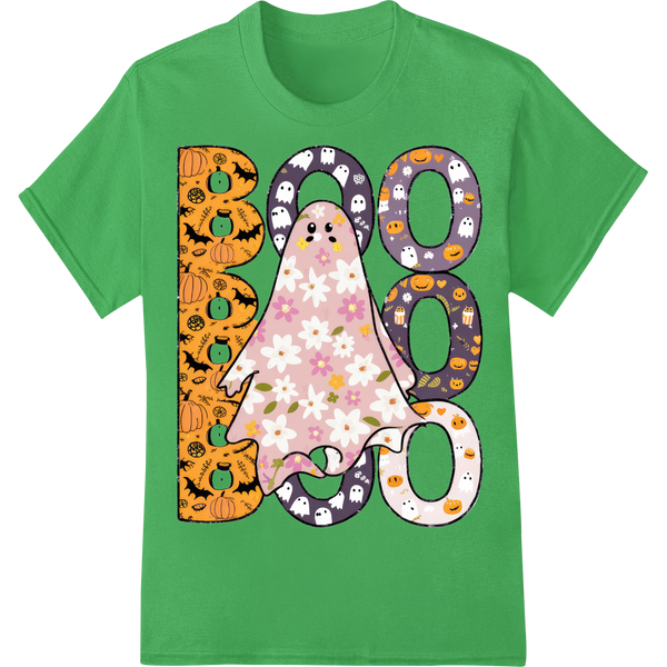 Adorable Floral Ghost Halloween DTF Print Heat Transfer on green shirt - SUPERDTF-DTF Prints-DTF Transfers-Custom DTF Prints