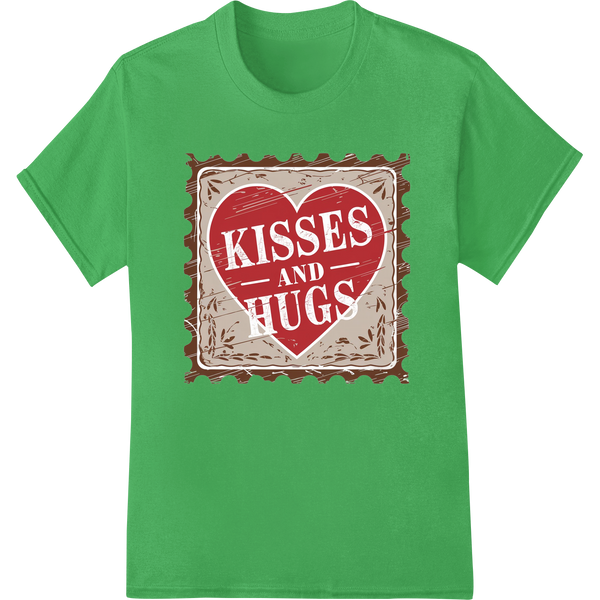 Vintage 'Kisses and Hugs' Valentine's Day DTF Print Transfer on green shirt - SUPERDTF-DTF Prints-DTF Transfers-Custom DTF Prints