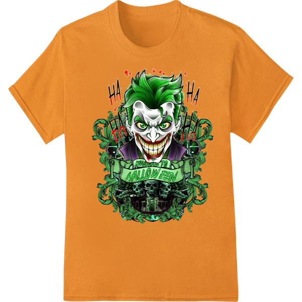 Sinister Joker design with a creepy clown face, jagged teeth, and eerie green hair in a direct-to-film heat transfer print