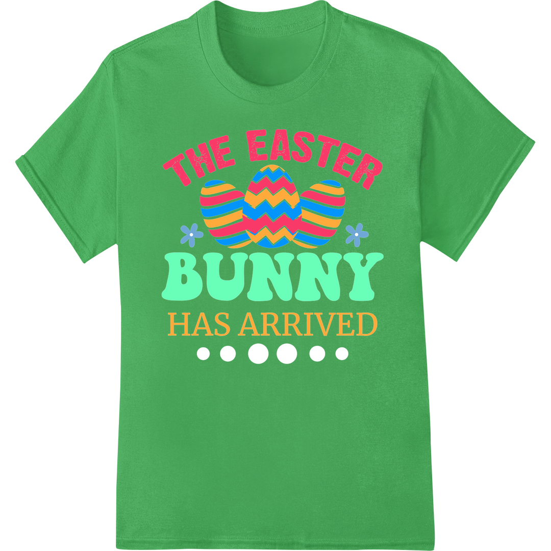 Vibrant Easter Bunny Arrival DTF Print Heat Transfer on green shirt - SUPERDTF-DTF Prints-DTF Transfers-Custom DTF Prints