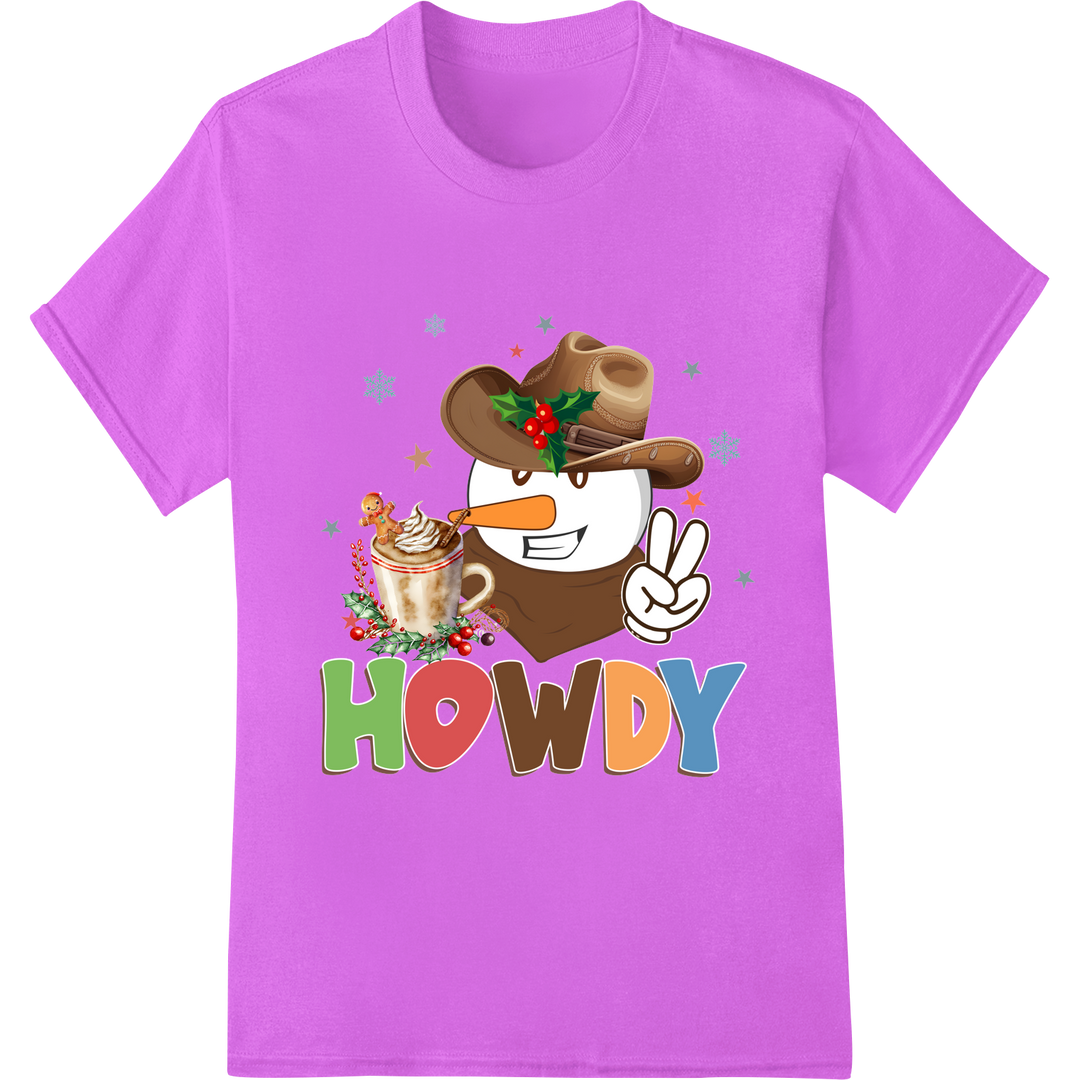 Howdy! Western Cowboy Snowman Christmas DTF Heat Transfer on purple shirt - SUPERDTF-DTF Prints-DTF Transfers-Custom DTF Prints