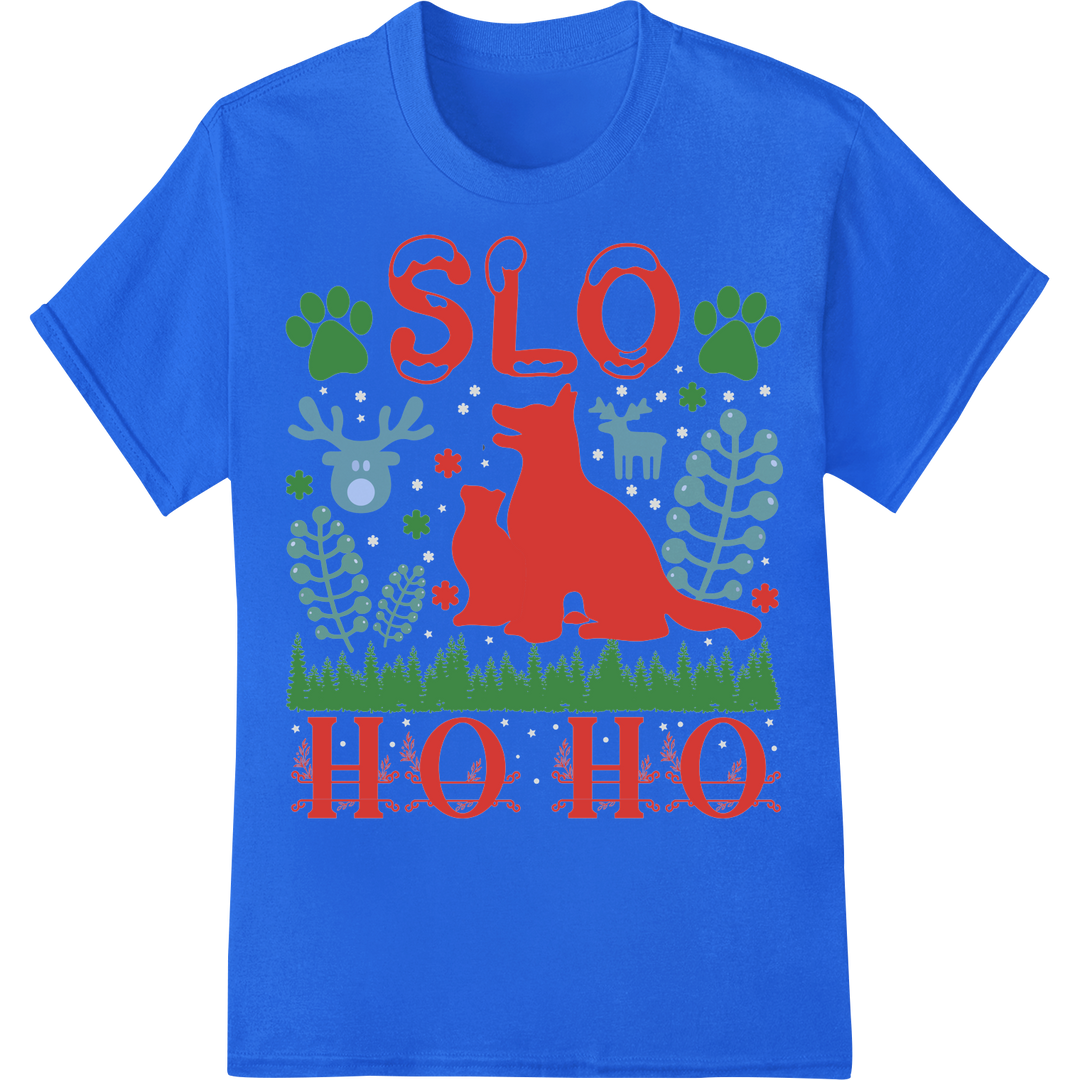 Playful Howling 'SLO HO HO' Christmas DTF Heat Transfer Print on blue shirt - SUPERDTF-DTF Prints-DTF Transfers-Custom DTF Prints