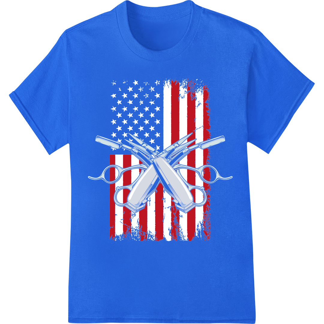 Patriotic Barber Flag DTF Print Heat Transfer | 4th of July on blue shirt - SUPERDTF-DTF Prints-DTF Transfers-Custom DTF Prints