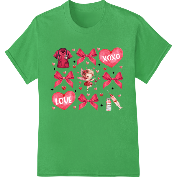 Charming Valentine's Day Hearts and Bows Heat Transfer Print on green shirt - SUPERDTF-DTF Prints-DTF Transfers-Custom DTF Prints