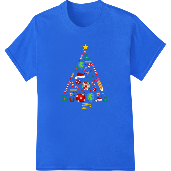 Festive Teacher's Christmas Tree | School Holiday DTF Print on blue shirt - SUPERDTF-DTF Prints-DTF Transfers-Custom DTF Prints