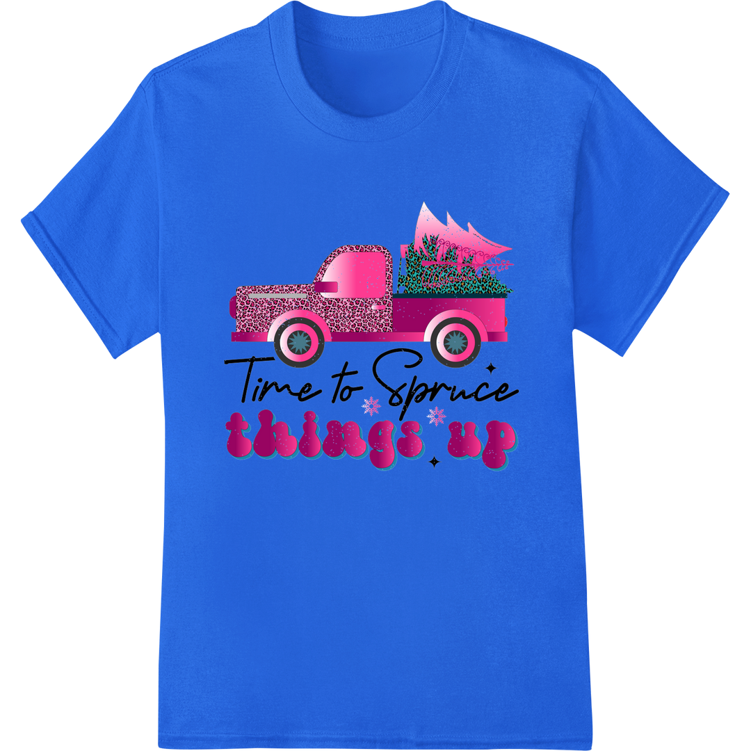 Festive Pink Christmas Truck DTF Print Heat Transfer on blue shirt - SUPERDTF-DTF Prints-DTF Transfers-Custom DTF Prints