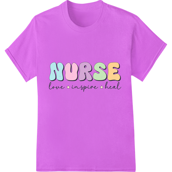 Uplifting "Nurse Love Inspire Heal" DTF Print Heat Transfer on purple shirt - SUPERDTF-DTF Prints-DTF Transfers-Custom DTF Prints