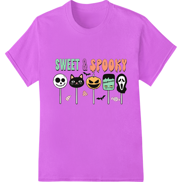 Colorful heat transfer design featuring lollipops with jack-o-lantern, ghost, and bat shapes against a purple and orange...