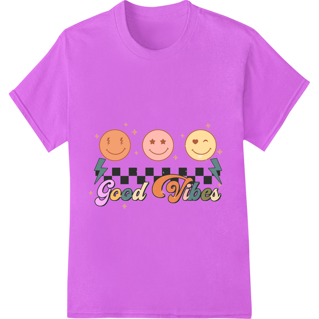 Spread Joy with 'Good Vibes' Smiley Emoji DTF Print on purple shirt - SUPERDTF-DTF Prints-DTF Transfers-Custom DTF Prints