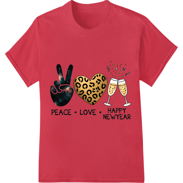 Wild NYE Vibes: Peace, Love & Bubbly | 2025 DTF Print on red shirt - SUPERDTF-DTF Prints-DTF Transfers-Custom DTF Prints