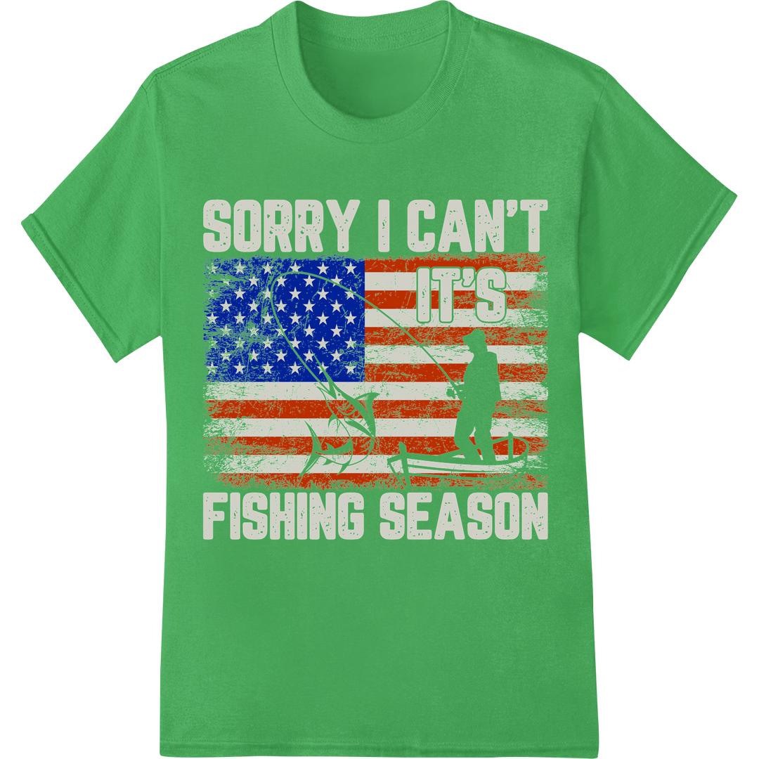 Patriotic Fishing Season | Distressed US Flag | DTF Print on green shirt - SUPERDTF-DTF Prints-DTF Transfers-Custom DTF Prints