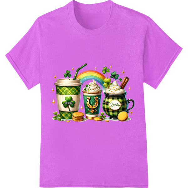 Cheers to St. Patrick's Day Coffee Lovers! DTF Print on purple shirt - SUPERDTF-DTF Prints-DTF Transfers-Custom DTF Prints