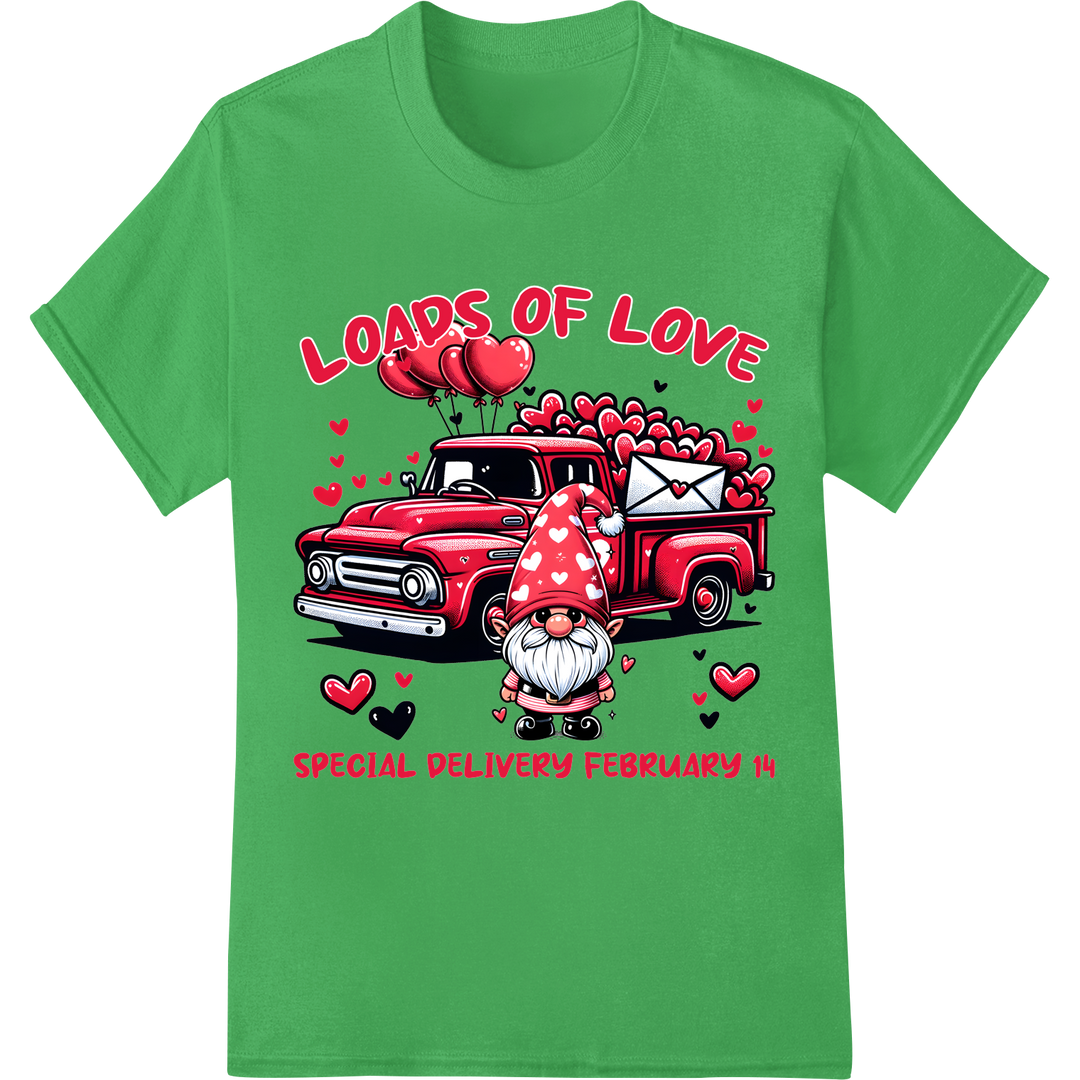 Adorable Gnome Delivers Loads of Love - Valentine's DTF on green shirt - SUPERDTF-DTF Prints-DTF Transfers-Custom DTF Prints