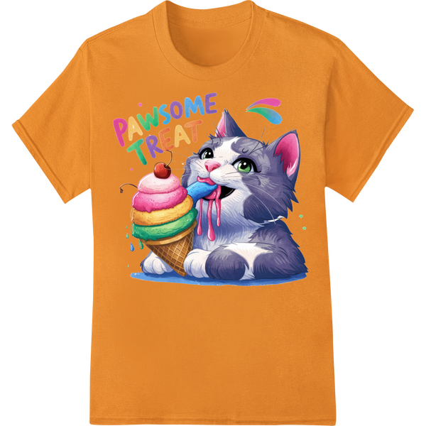 Adorable Cartoon Kitty Enjoying a Sweet Rainbow Treat on orange shirt - SUPERDTF-DTF Prints-DTF Transfers-Custom DTF Prints