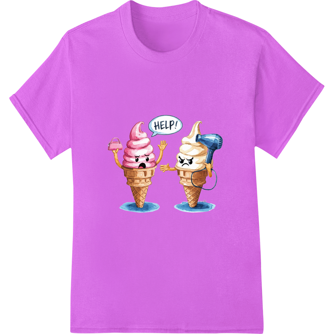 Adorable Cartoon Ice Cream Cones Shouting "HELP!" DTF Print on purple shirt - SUPERDTF-DTF Prints-DTF Transfers-Custom DTF Prints