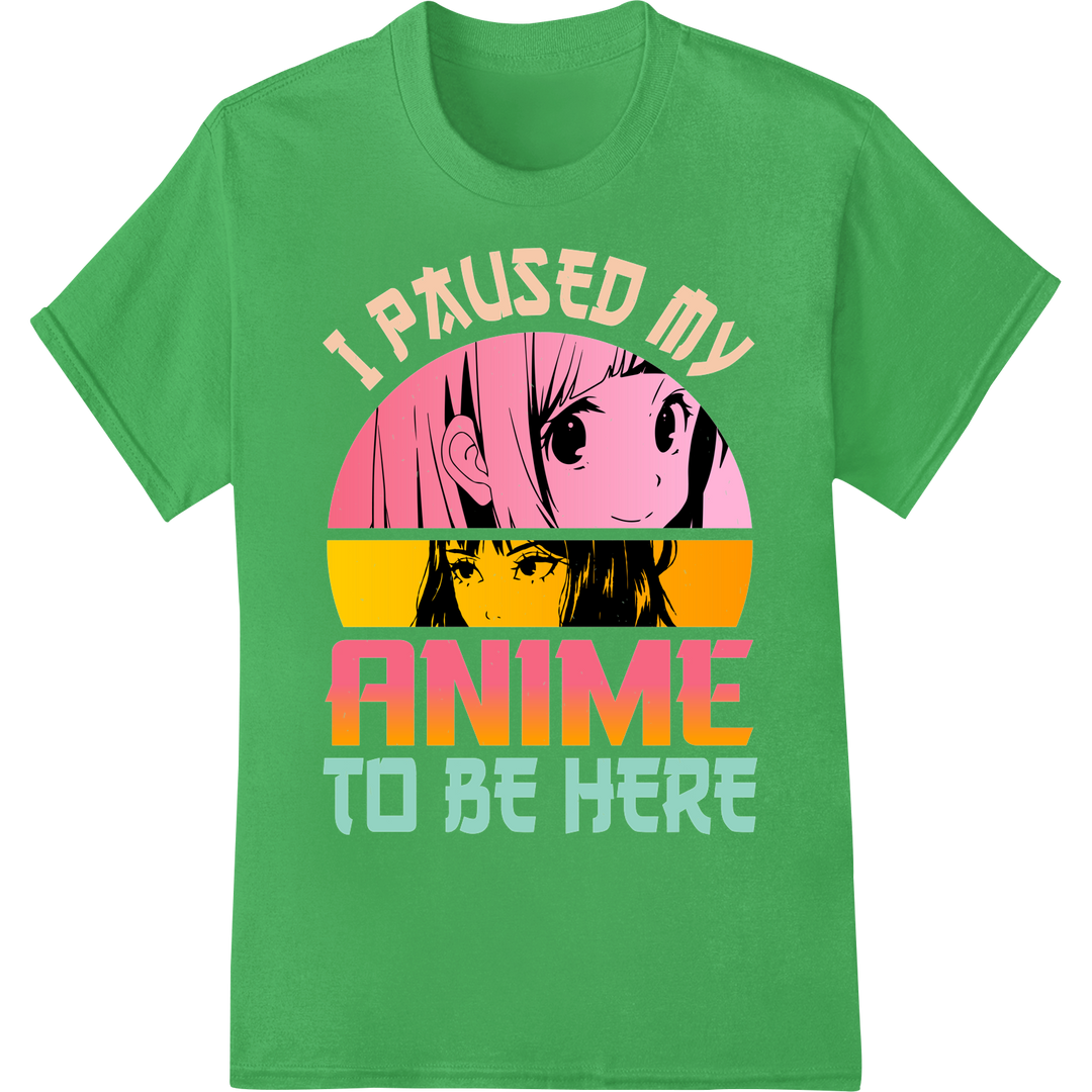 Retro Anime Pause Tee: Witty DTF Heat Transfer Print on green shirt - SUPERDTF-DTF Prints-DTF Transfers-Custom DTF Prints