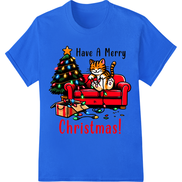 Adorable Cat Tangled in Christmas Lights - Funny Holiday DTF Print on blue shirt - SUPERDTF-DTF Prints-DTF Transfers-Custom DTF Prints