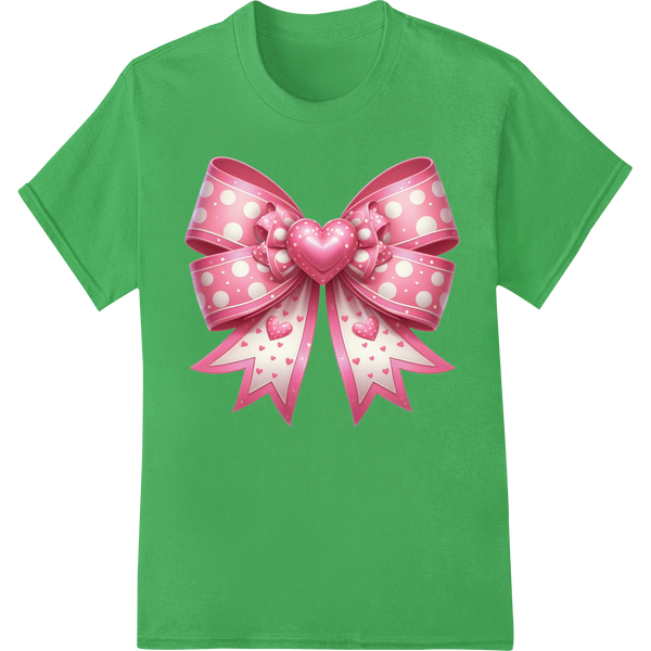 Flirty Valentine's Pink Polka Dot Heart Bow DTF Print on green shirt - SUPERDTF-DTF Prints-DTF Transfers-Custom DTF Prints