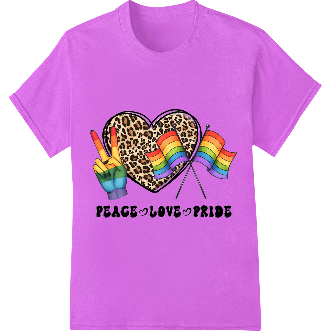 Vibrant Leopard Print 'Peace Love Pride' LGBT Heat Transfer on purple shirt - SUPERDTF-DTF Prints-DTF Transfers-Custom DTF Prints