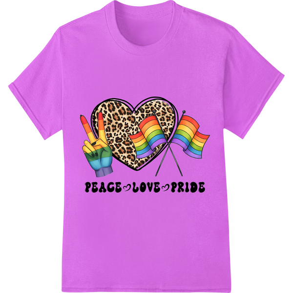 Vibrant Leopard Print 'Peace Love Pride' LGBT Heat Transfer on purple shirt - SUPERDTF-DTF Prints-DTF Transfers-Custom DTF Prints