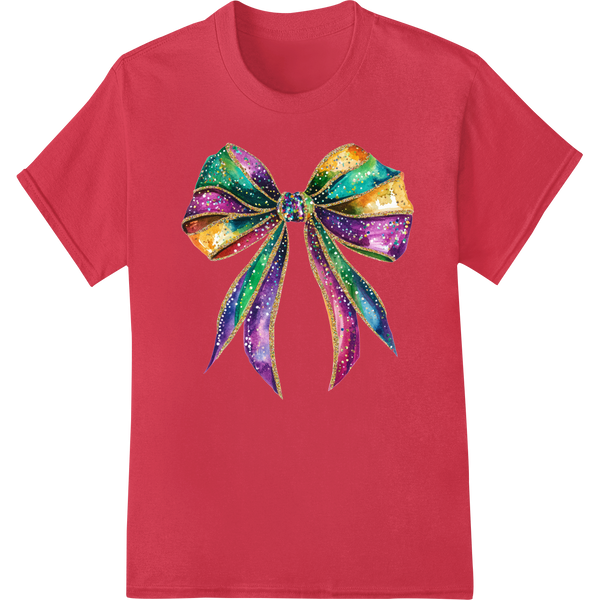 Vibrant Mardi Gras Bow: Festive DTF Print Heat Transfer on red shirt - SUPERDTF-DTF Prints-DTF Transfers-Custom DTF Prints