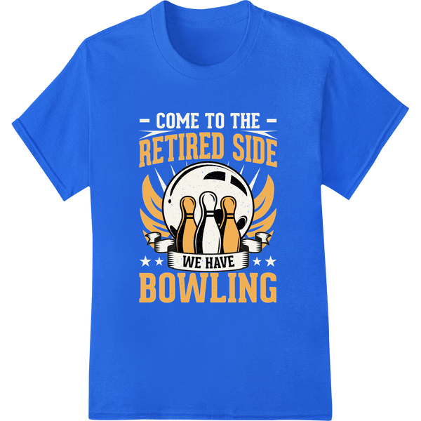 Retired Bowler's Delight: Witty Bowling DTF Transfer Print on blue shirt - SUPERDTF-DTF Prints-DTF Transfers-Custom DTF Prints