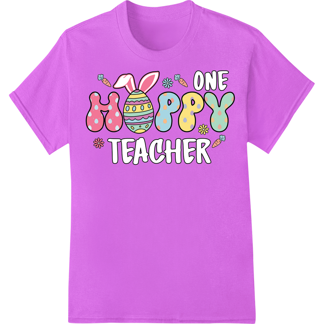 Adorable 'Happy Teacher One' Easter DTF Print Heat Transfer on purple shirt - SUPERDTF-DTF Prints-DTF Transfers-Custom DTF Prints