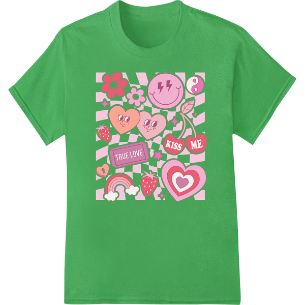 Retro Valentine's Day Hearts & Flowers DTF Print Transfer on green shirt - SUPERDTF-DTF Prints-DTF Transfers-Custom DTF Prints