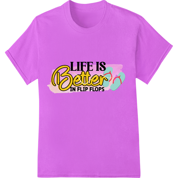 Colorful beach illustration with flip flops and 'Life's a Beach' text, perfect for summer DTF t-shirt printing.