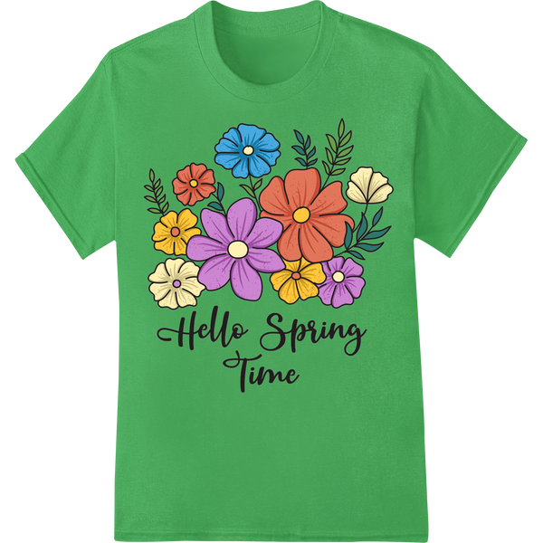 Vibrant Spring Floral Print - Colorful Blooms DTF Transfer on green shirt - SUPERDTF-DTF Prints-DTF Transfers-Custom DTF Prints