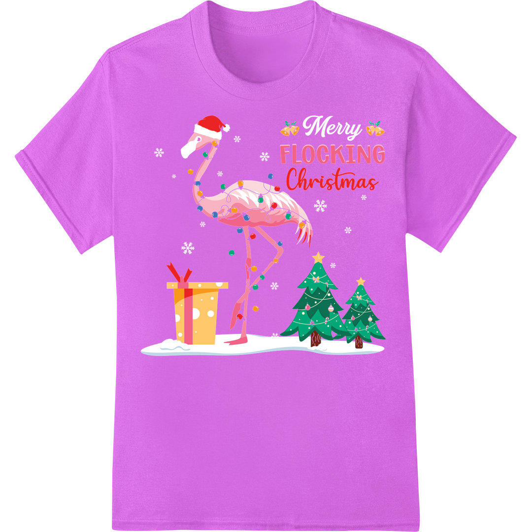 Flocking Festive: Flamingo Christmas DTF Print Transfer on purple shirt - SUPERDTF-DTF Prints-DTF Transfers-Custom DTF Prints