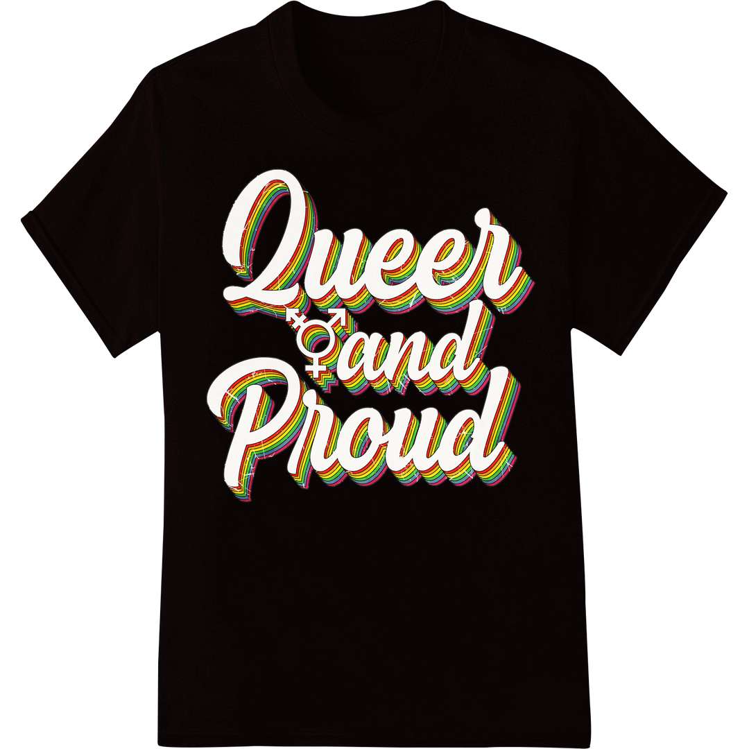 Vibrant 'Queer and Proud' Rainbow DTF Print Heat Transfer on black shirt - SUPERDTF-DTF Prints-DTF Transfers-Custom DTF Prints