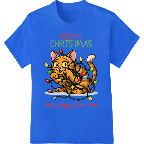 Adorable 'Meowy Christmas' Cat Tangled in Lights DTF Print on blue shirt - SUPERDTF-DTF Prints-DTF Transfers-Custom DTF Prints