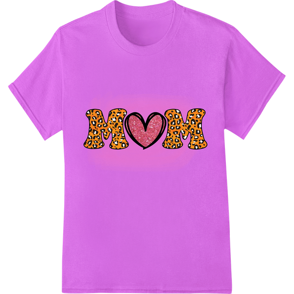 Adorable Leopard Print 'MOM' Heart DTF Heat Transfer on purple shirt - SUPERDTF-DTF Prints-DTF Transfers-Custom DTF Prints